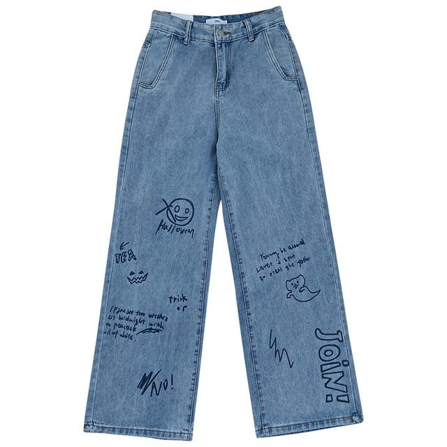 Sesame Street Cartoon Printed Blue Loose Straight Jeans – Aesthetic ...