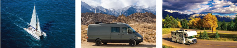 A sailboat, a van, and a RV