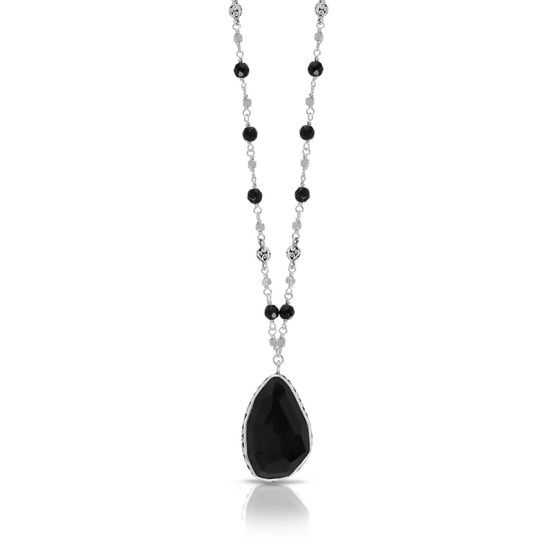 Black Onyx & LH Scroll Beads with Organic-Shaped (19mm x 29mm) Pendant Wire-Wrapped Necklace (17-20")