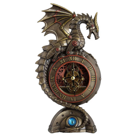 Veronese Cold Cast Bronze Steampunk Dragon Statue with Table Clock