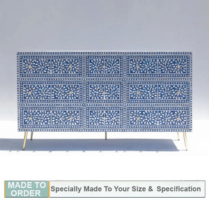 Alok Bone Inlay Floral Design Sideboard in Blue - 9 Drawers - Notbrand