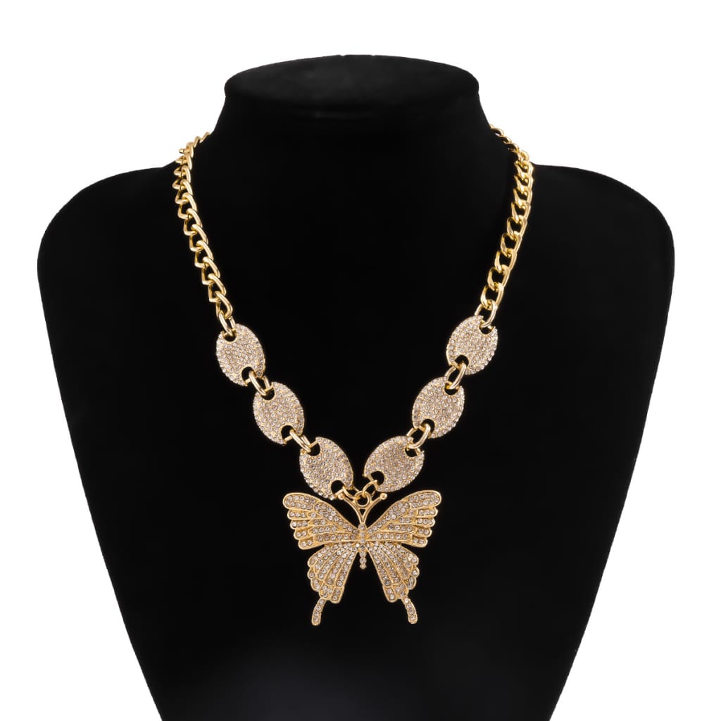 European And American Exaggerated Full Rhinestone Pig Nose Buckle Butterfly Necklace Women