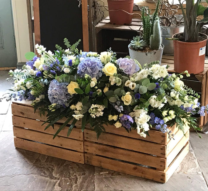 Blue Hydrangea Casket Spray Funeral Flowers of Elegance Droitwich Florist