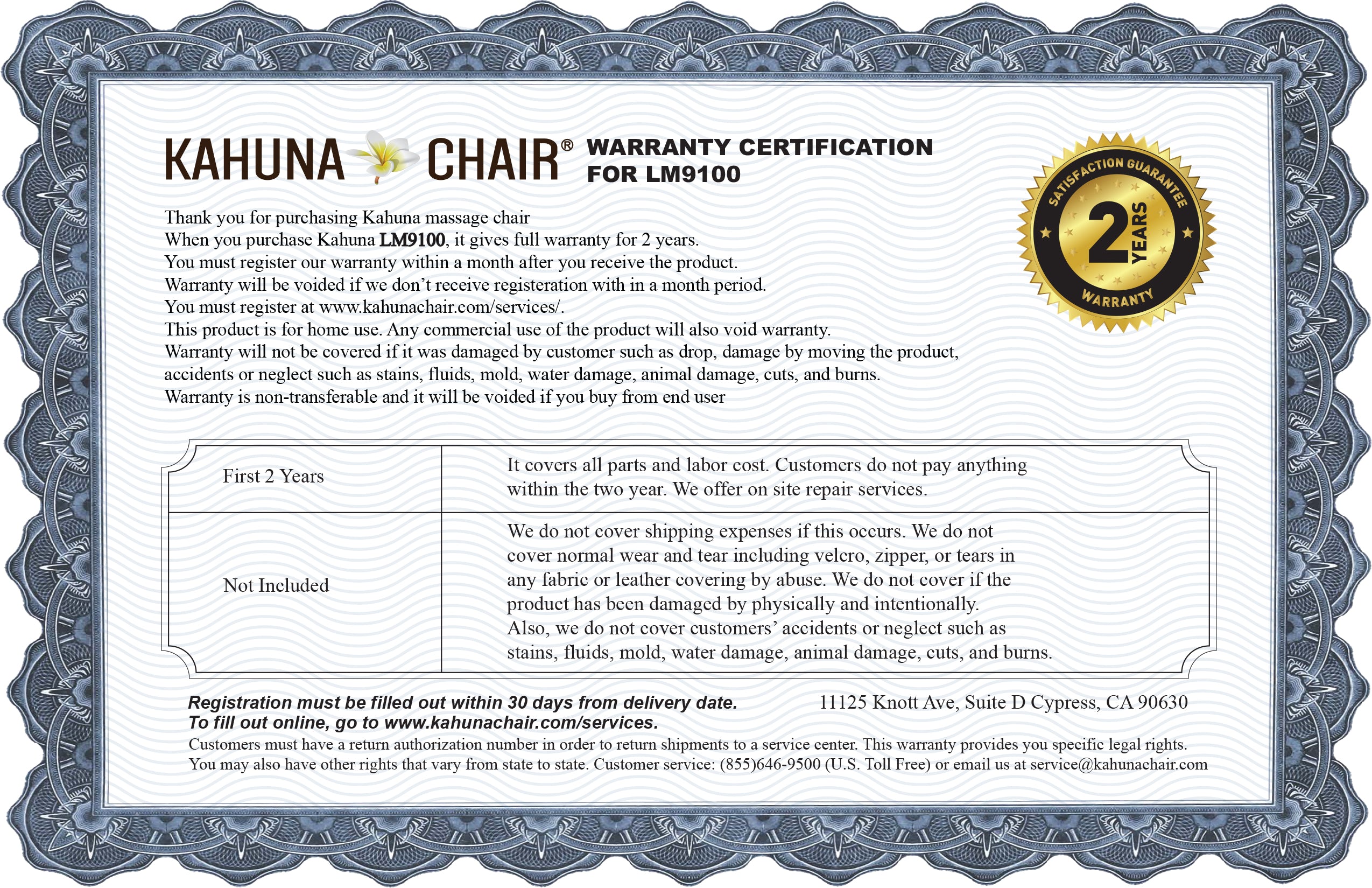 Kahuna LM-9100 4D Massage Chair Warranty