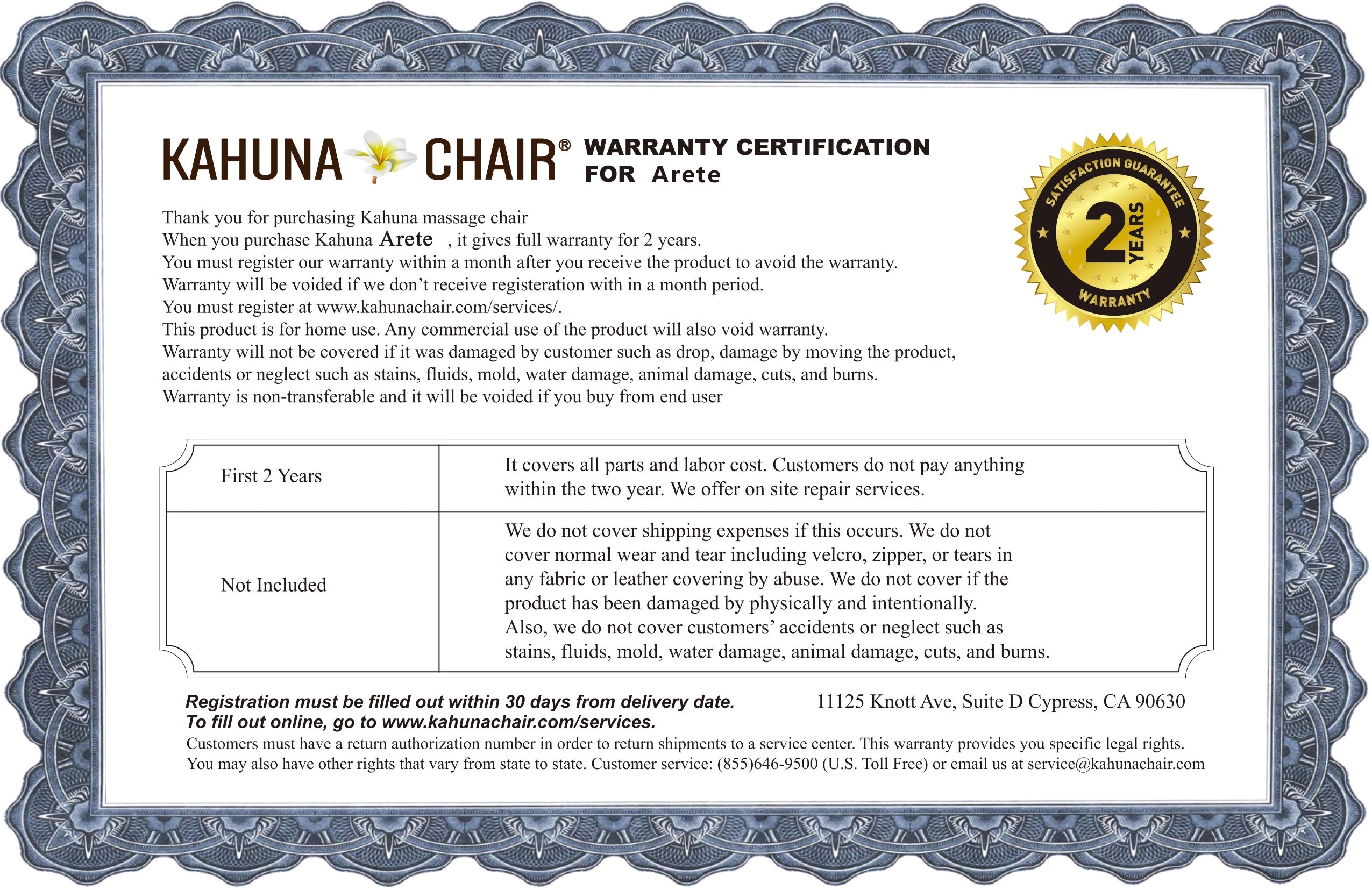 Kahuna Elite 3D Massage Chair Arete Warranty