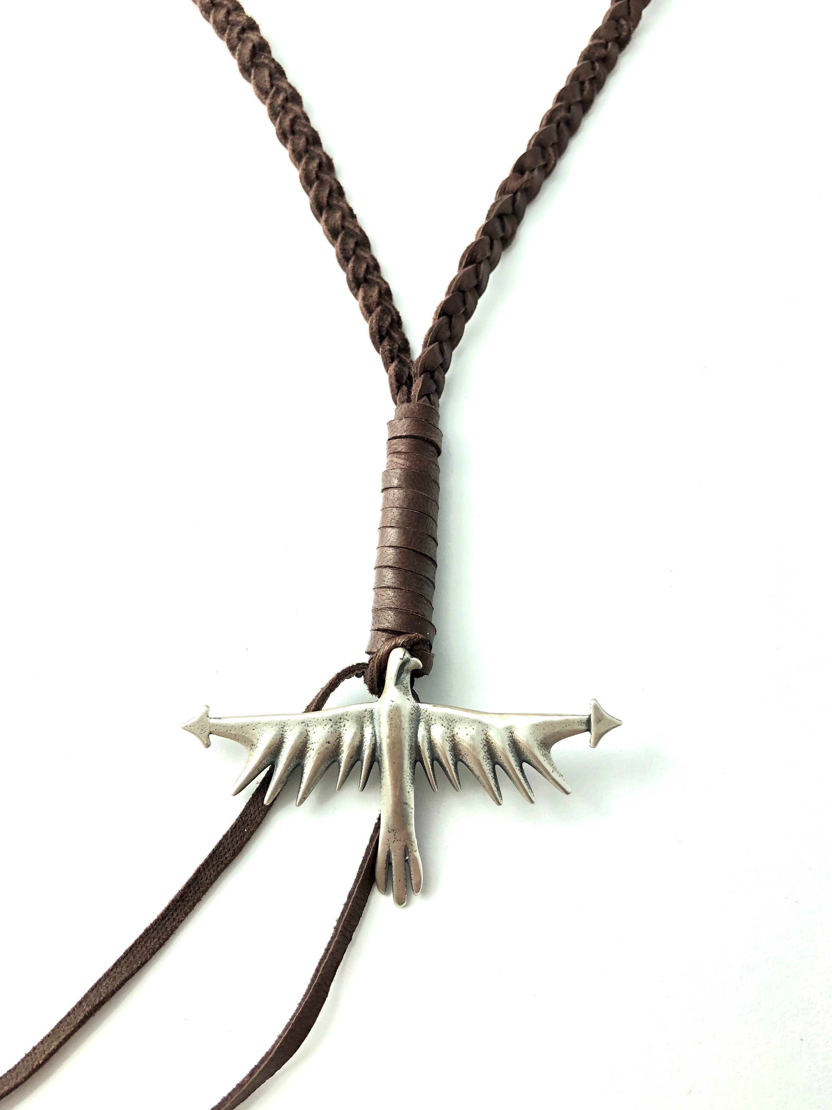 Silver Thunderbird on Leather Braid Necklace