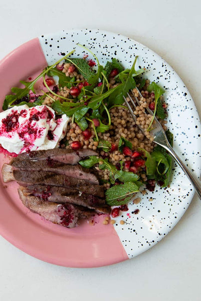 Chargrilled Hibiscus-Marinated Lamb With Rocket, Mint, Giant Couscous and Pomegranate Salad