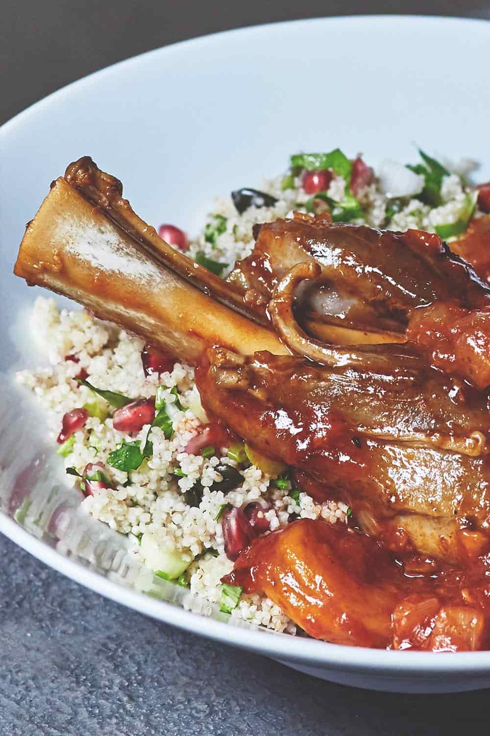 Spiced Apricot Harissa Lamb shanks with Jewelled Cous Cous