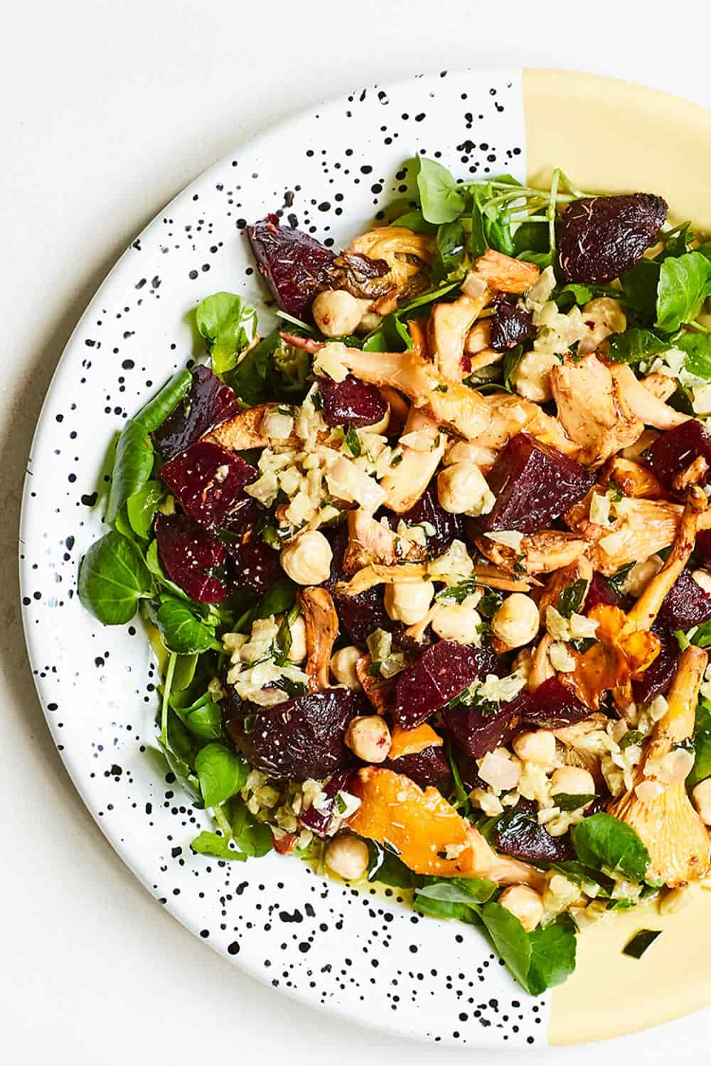 Warm Mushroom, Beetroot, Watercress, and Hazelnut Salad with White Truffle Oil Vinaigrette