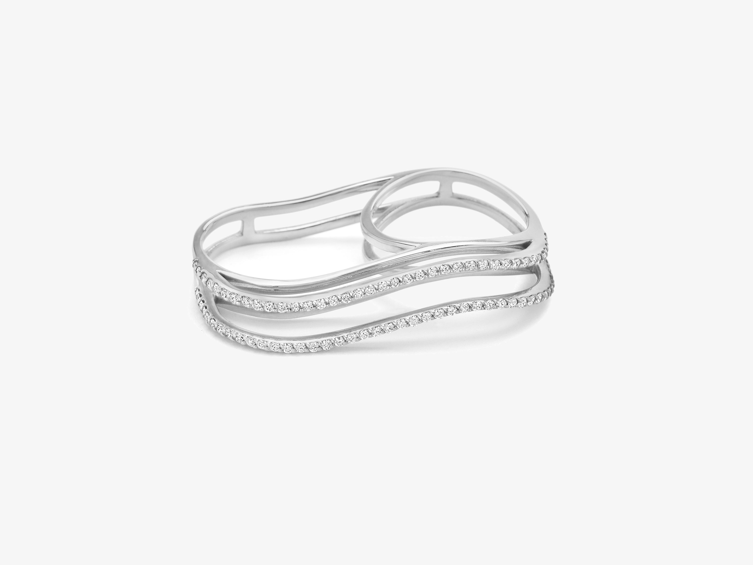 Three Dimensional Wavy Double Finger Ring with Full Diamond Pave