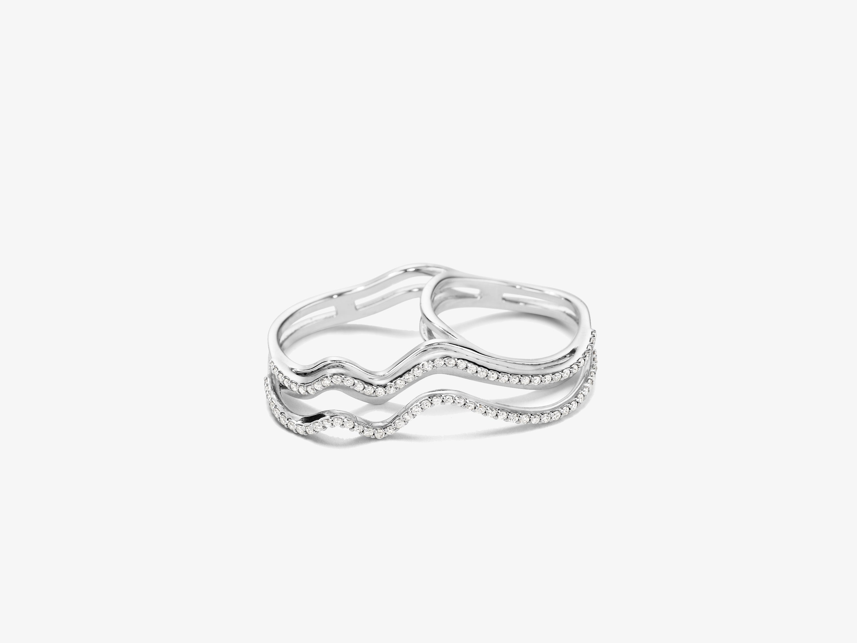 Flow Wavy Three Dimensional Double Finger Ring with Full Diamond Pave