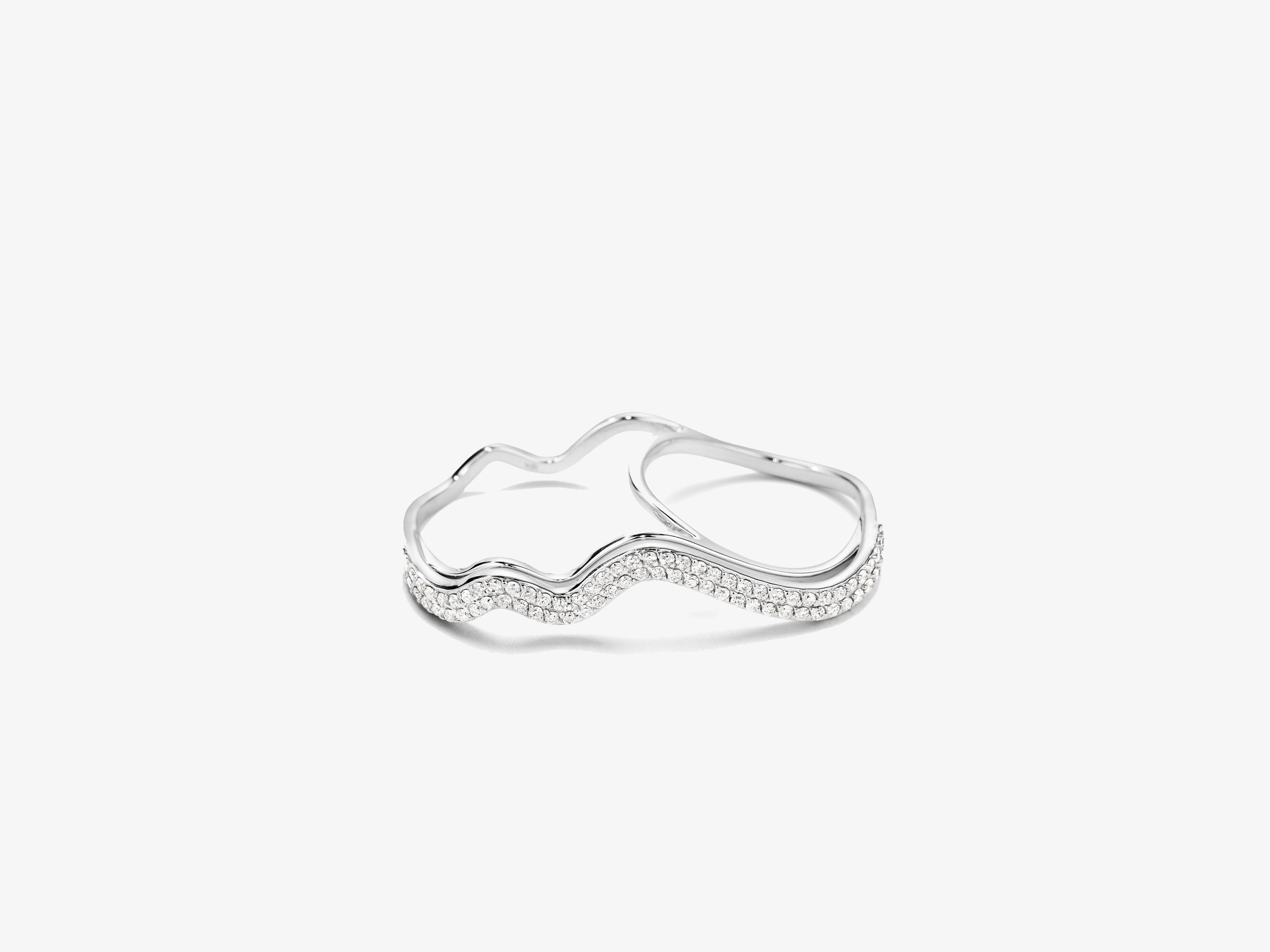 Flow Wavy Three Dimensional Double Finger Ring with Double Row Full Diamond Pave