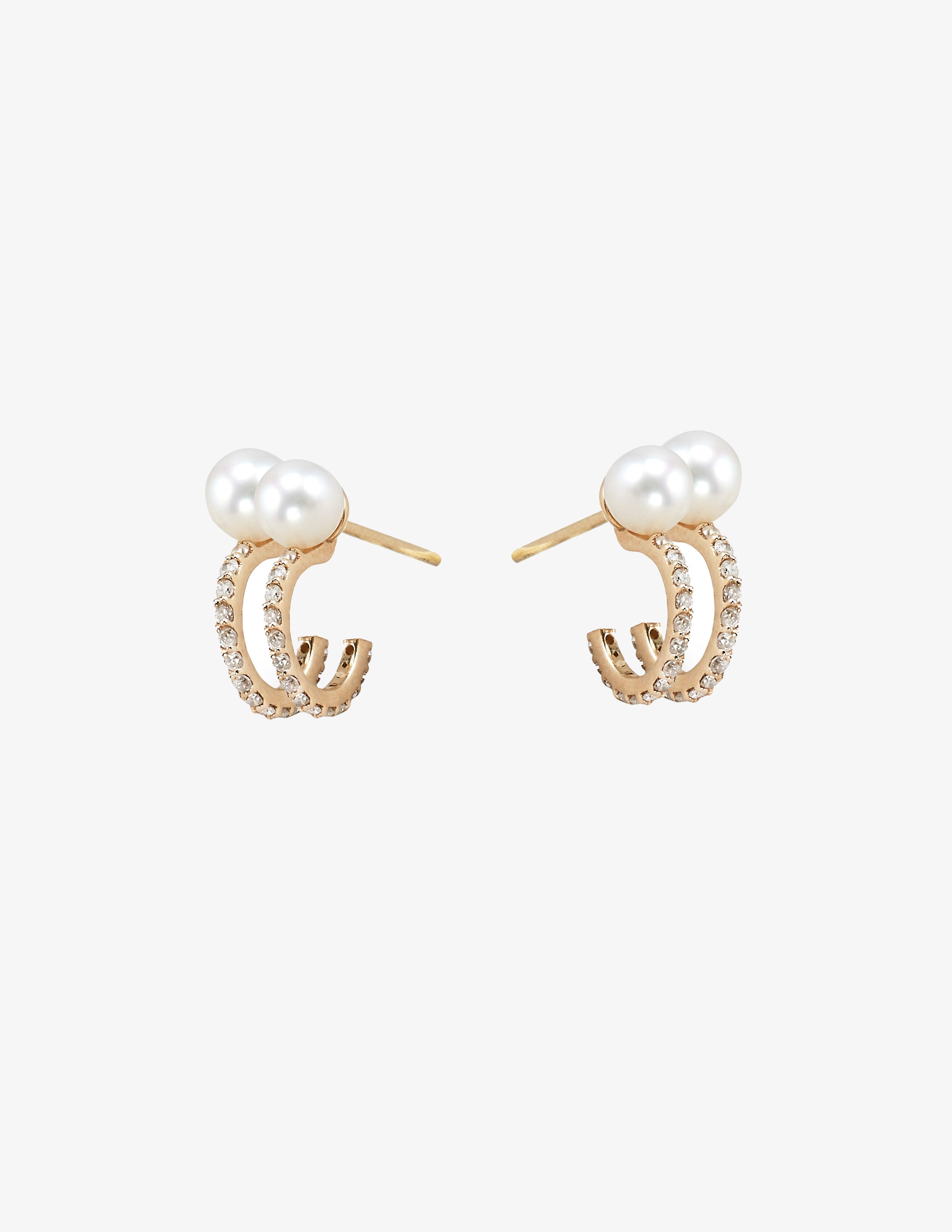 TPLT Double Pearl Huggie Studs with Diamond Pave