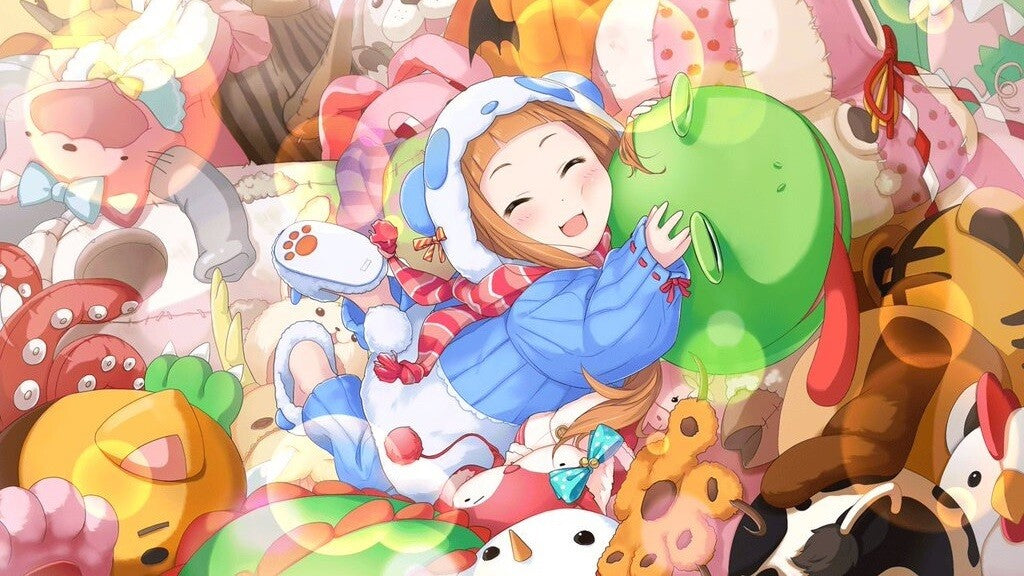 blue panda kigurumi lying in her stuff toys