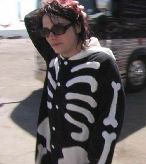 Gerard Way with his full skeleton kigurumi