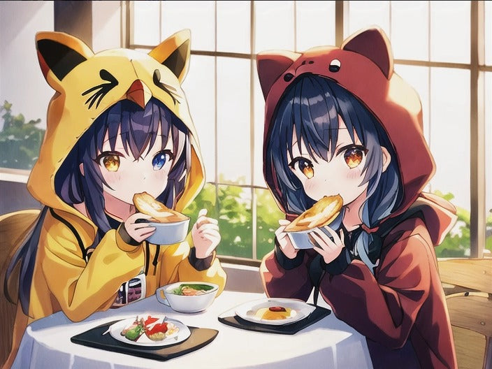 bird and raccoon kigurumi breakfast
