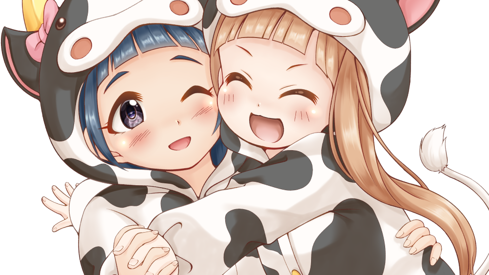 cow kigurumi hugging each other