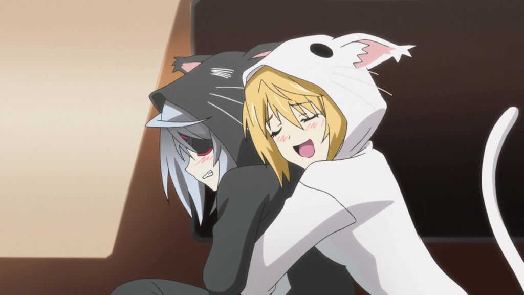 cat kigurumi hugging her friend