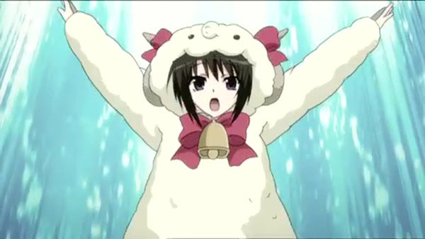 sheep kigurumi raising her hands for attention