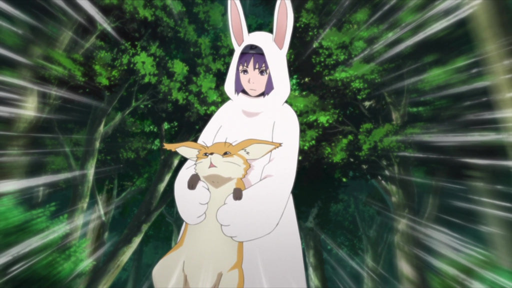 rabbit kigurumi holding a fox