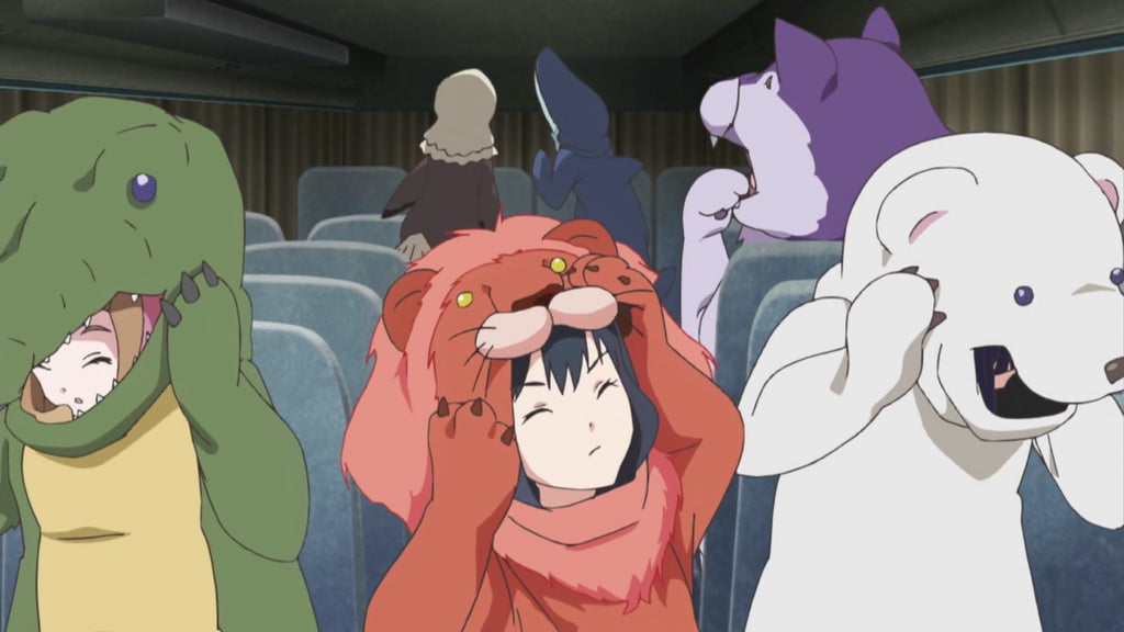 animal kigurumi fixing their outfit heads