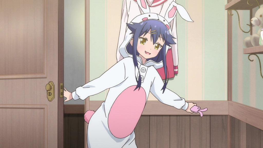 rabbit kigurumi entering a door