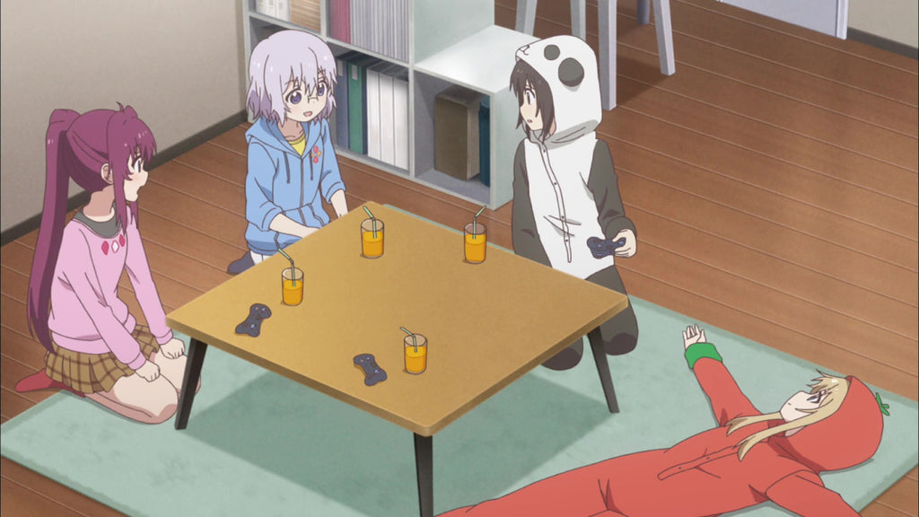 panda kigurumi having a break after gaming with friends