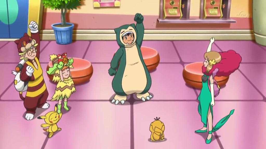 ash with his full snorlax kigurumi with friends
