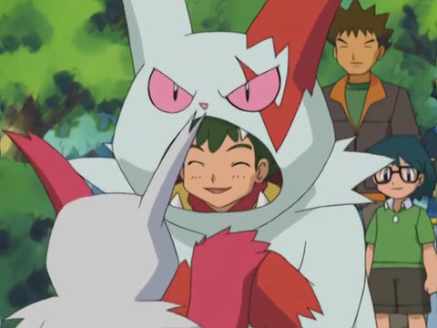 pokemon kigurumi smiling at his pokemon
