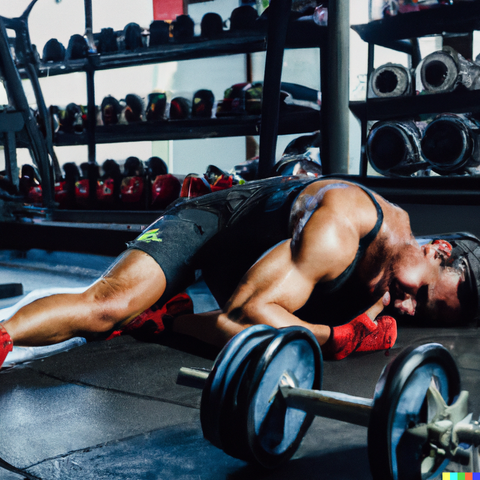 a photo of a bodybuilder in a gym who has crashed and is lying on the ground due to training too hard