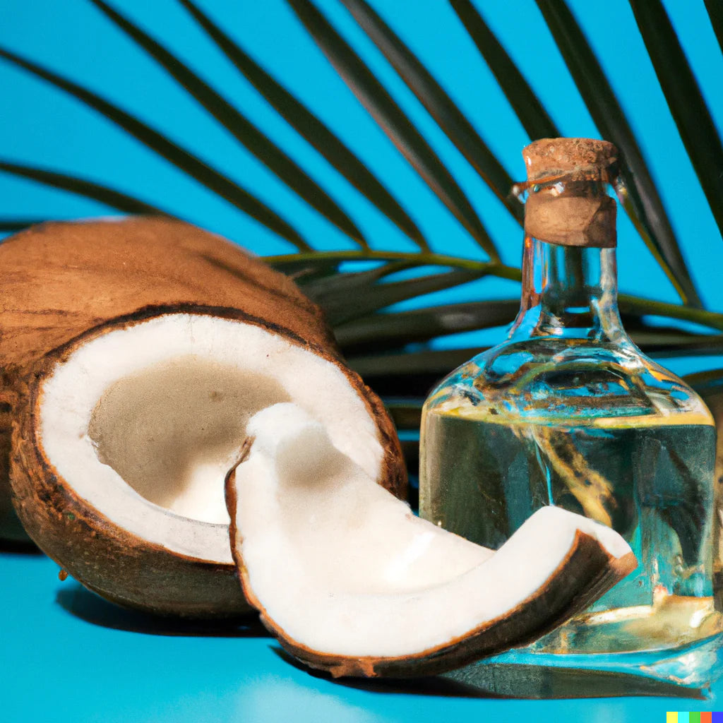 an image of an opened coconut next to a glass bottle of coconut oil on a tropical background
