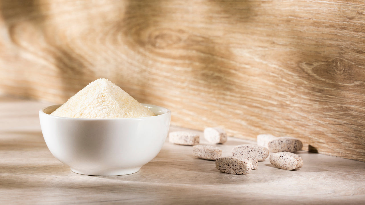 MSM: A Quick Overview. Image shows a white bowl of collagen powder, Proline and MSM (Sulfur) capsules against a neutral wood backdrop.