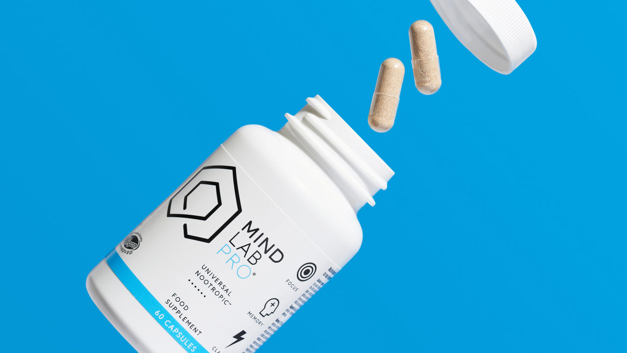 Mind Lab Pro. A leading nootropic supplies L-theanine to stop the jitters from caffeine. Bottle, box and capsules are shown.