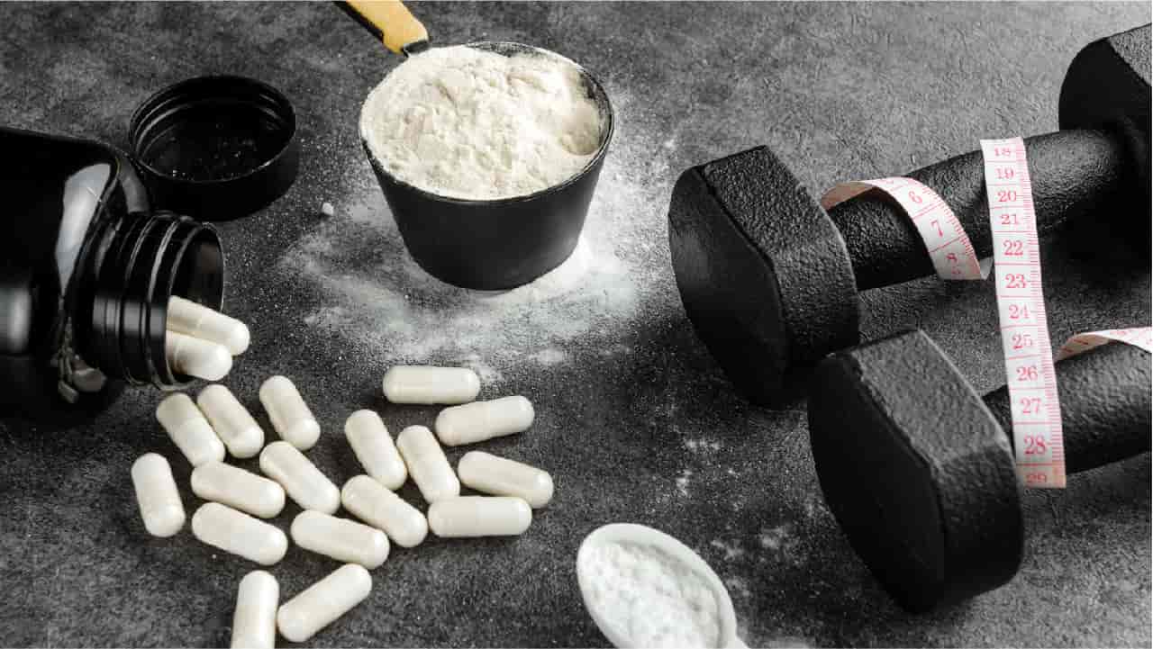 dumbbells, protein and amino acids on a gray background. Showing both capsule and powder 'form of creatine'. A 'fitness enthusiasts' gym set up