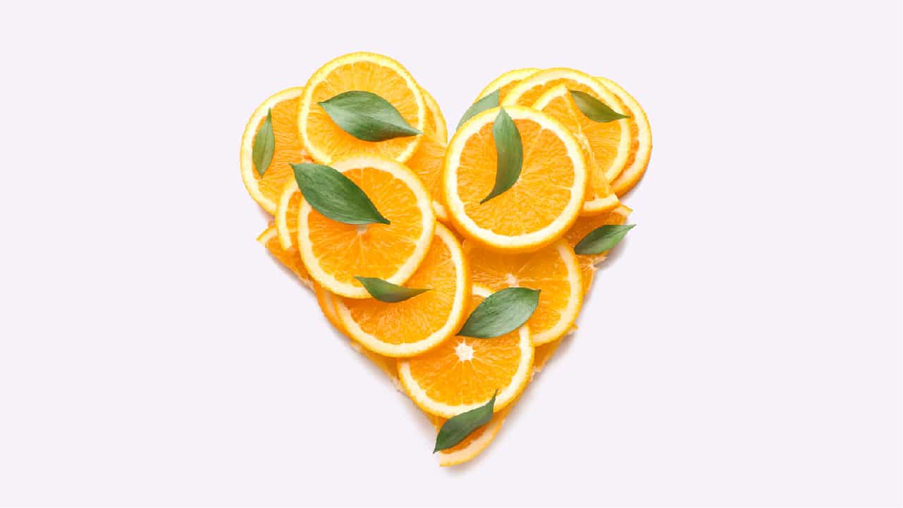 Heart shaped sliced oranges showing segments