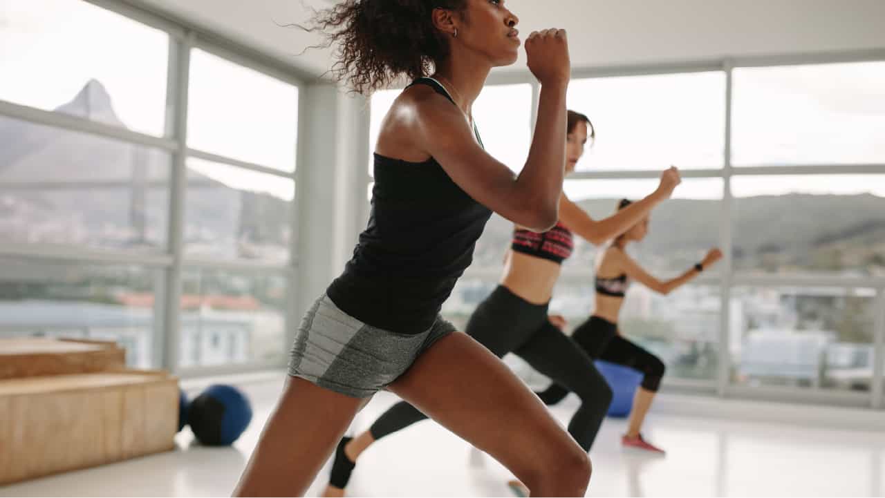 Women taking part in a HIIT class, High Intensity work will burn fat to lower 'body fat percentages.'
