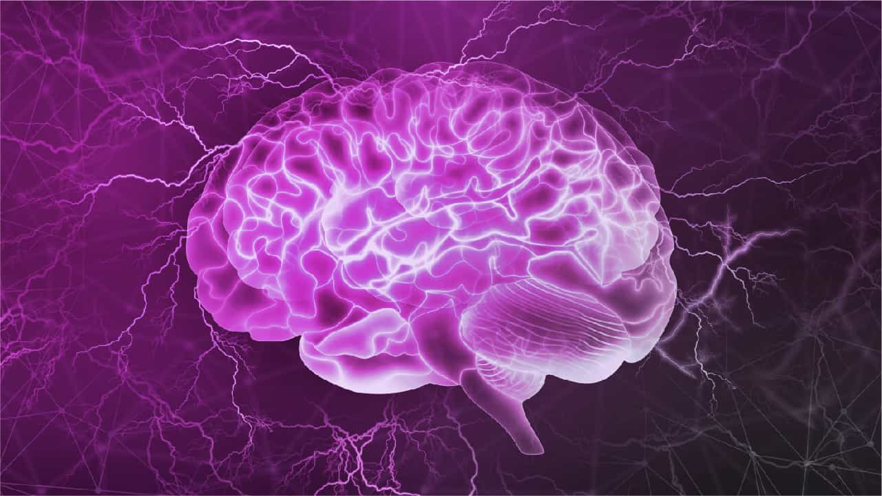 Illustration of a brain from the front, glowing from the inside with energy and surrounded by purple lighting bolts. The best mct oil supports cell energy to boost brain health and cognitive function.