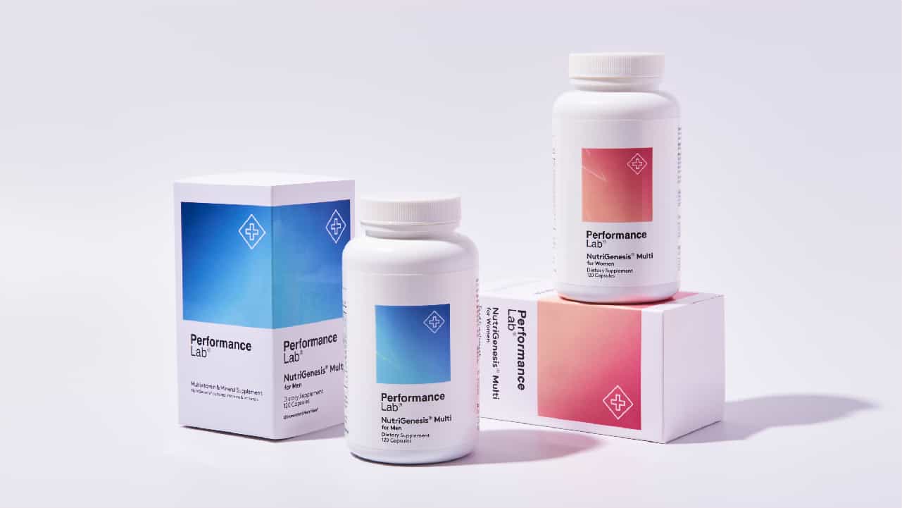 Performance Lab® NutriGenesis Multi for Men and for Women. White boxes and bottles against a white background. Formula for men white bottle and box with plus symbol icon on a square of blue. Formula for women with plus symbol icon on a square of pink