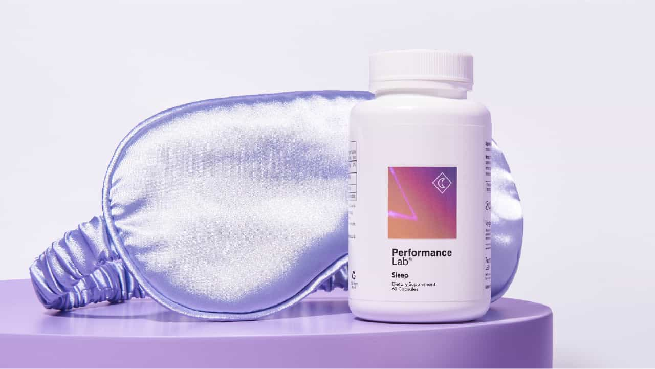 Performance Lab® Sleep box, bottle and capsules against a lavender and purple background