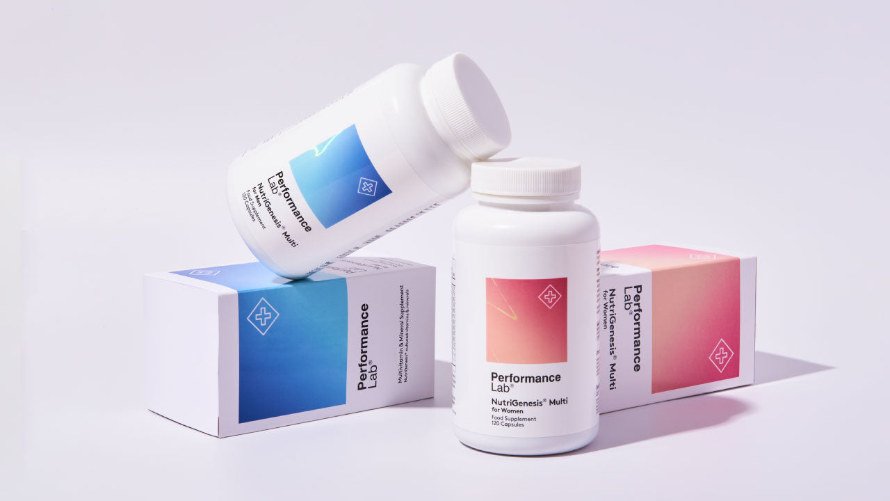 Bottles of Performance Lab® NutriGenesis® Multivitamins against a white background