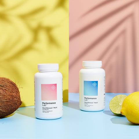 2 bottles of men's and women's multivitamin from Performance Lab against a yellow and pink summery studio background.