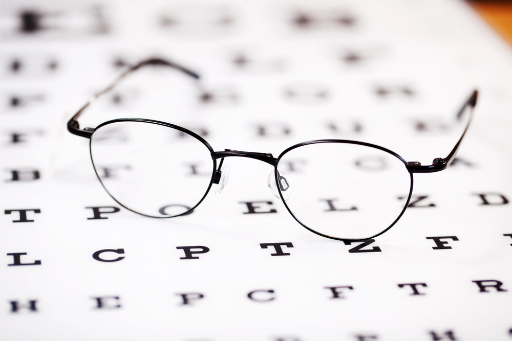 A pair of glasses placed on top of an eye test
