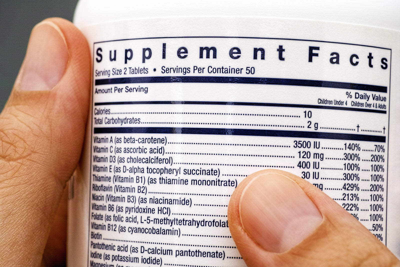 Image zoomed in on the supplement facts label of a multivitamin for senior men