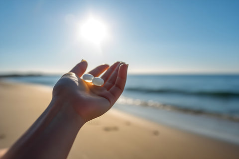 Outstretched hand, palm facing up, holding pills. Shown on a beach with the sun and sea as a backdrop.