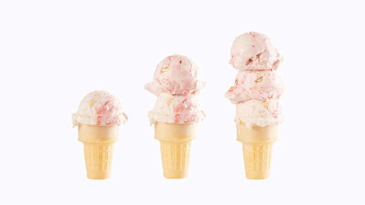 How many calories will break a fast? Three ice cream cones: one scoop, two scoops and three scoops.