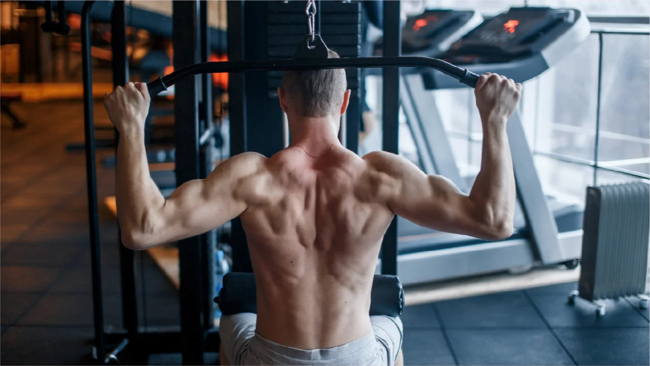 Back view of a man in the gym performing one of the leading exercises for thicker back: the lat pulldown. The man's shirtless torso shows off the highly developed muscles in his back, shoulders and arms.