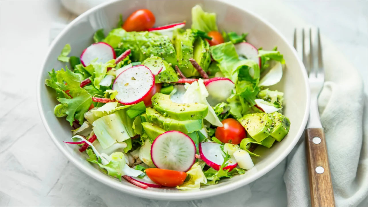 What can you eat while fasting, and how many calories break a fast? A dry salad like this shown - with radishes, tomatoes, lettuce and cucumbers - is a low-calorie option.
