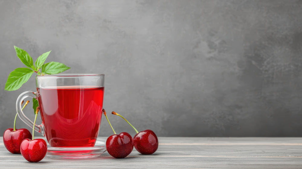 Why is tart cherry extract so popular? Four cherries and  a tall glass of cherry juice sit on a table