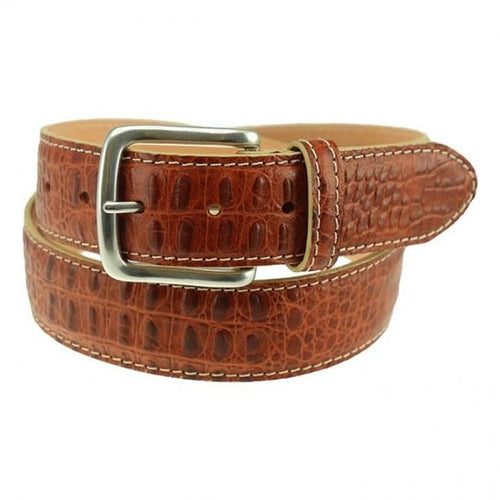 W.Kleinberg Two-Toned Embossed Crocodile Belt with Antique Silver Buckle Chocolate / Sky / 44