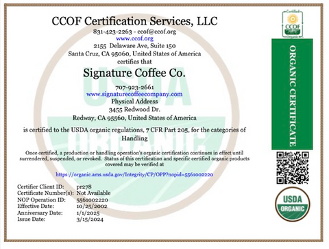 The organic certificate for Signagture Coffee.